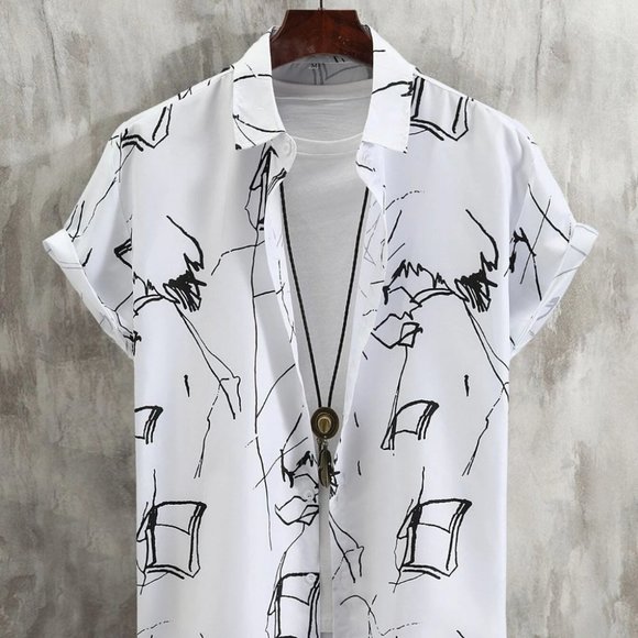 undefined Other - Casual White Men's Allover Graphic Button Up Shirt